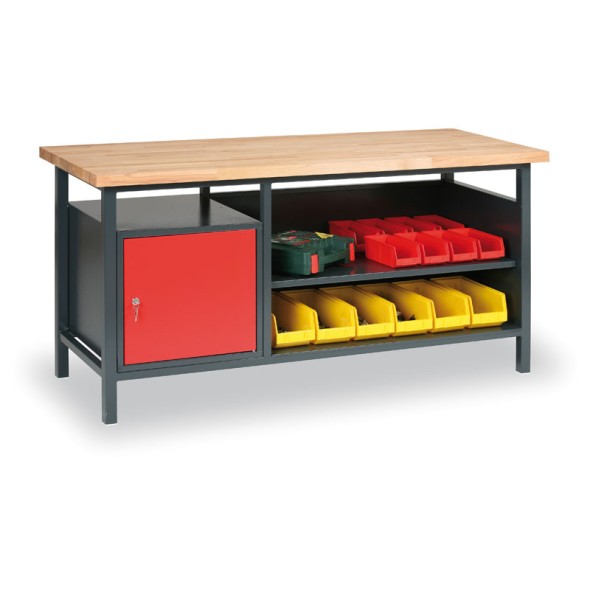 Dielenský pracovný stôl GÜDE, buková škárovka, 1 skrinka, 1 polica, 1700 x 685 x 850 mm, antracit / červená