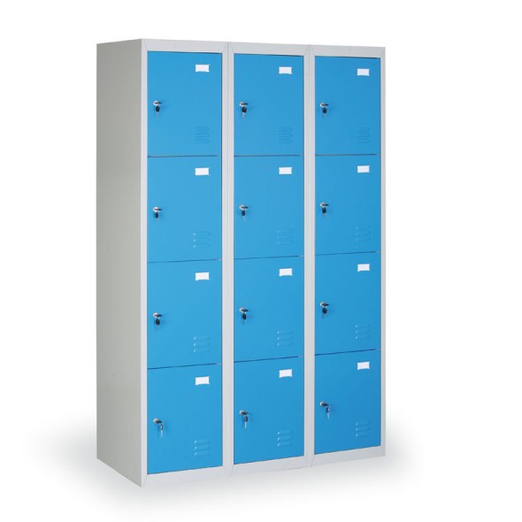 Kovová šatňová skrinka s úložnými boxami, 12 boxov, modré dvere, cylindrický zámok