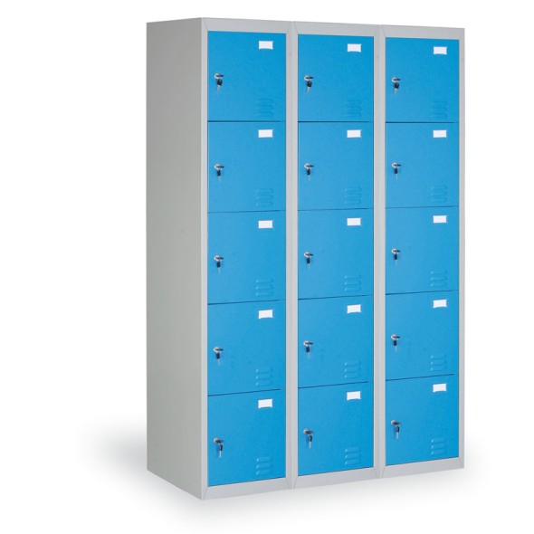 Kovová šatňová skrinka s úložnými boxami, 15 boxov, modré dvere, cylindrický zámok