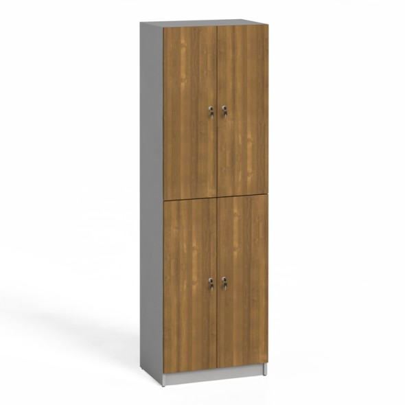 Dřevěná šatní skříňka, 4 dveře, cylindrický zámek, šedá / ořech