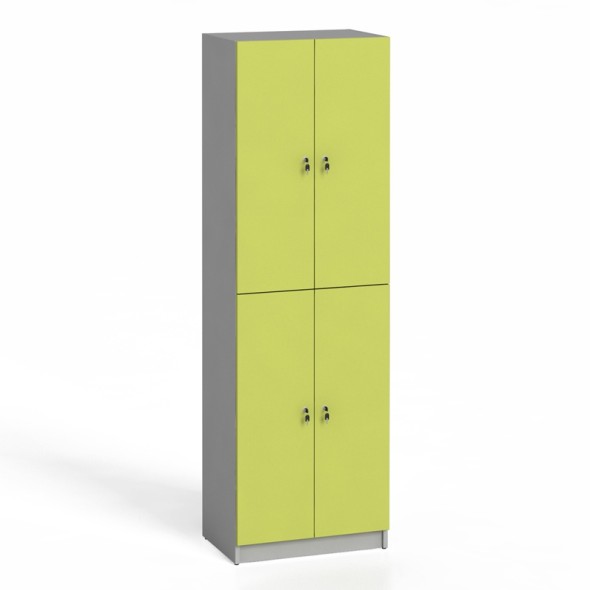 Dřevěná šatní skříňka, 4 dveře, cylindrický zámek, šedá / zelená