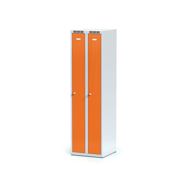 Kovová šatní skříňka zúžená, oranžové dveře, cylindrický zámek