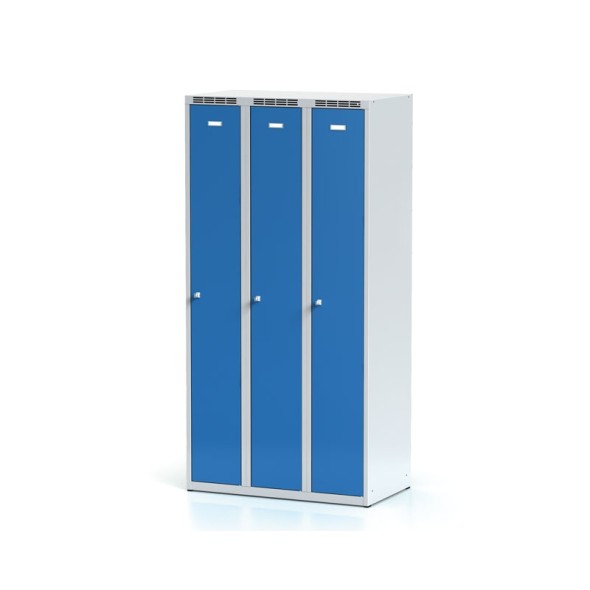 Kovová šatní skříňka 3-dílná, modré dveře, otočný zámek