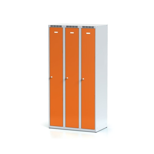 Kovová šatní skříňka 3-dílná, oranžové dveře, otočný zámek