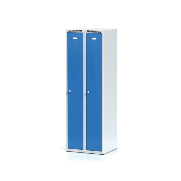Kovová šatní skříňka, modré dvouplášťové dveře, otočný zámek