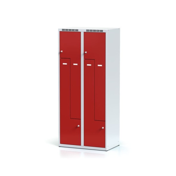 Kovová šatní skříňka Z, 4 oddíly, červené dveře, cylindrický zámek