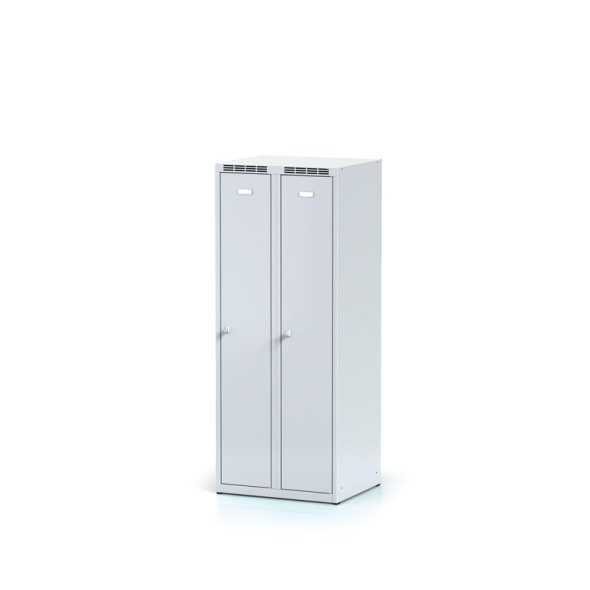 Školní kovová šatní skříňka, 2-dveřová, 1500 mm, šedé dveře, cylindrický zámek