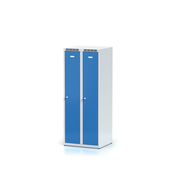 Školní kovová šatní skříňka, 2-dveřová, 1500 mm, modré dveře, otočný zámek