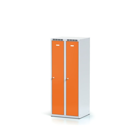 Školní kovová šatní skříňka, 2-dveřová, 1500 mm, oranžové dveře, otočný zámek