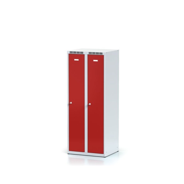 Školní kovová šatní skříňka, 2-dveřová, 1500 mm, červené dveře, cylindrický zámek