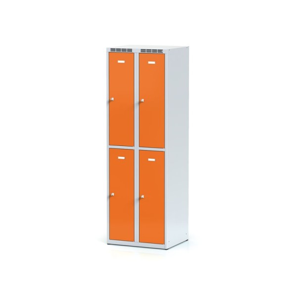 Kovová šatní skříňka s úložnými boxy, 4 boxy, oranžové dveře, otočný zámek
