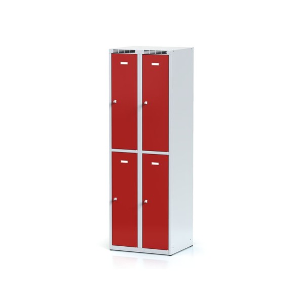 Kovová šatní skříňka s úložnými boxy, 4 boxy, červené dveře, otočný zámek
