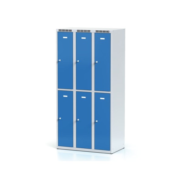 Kovová šatní skříňka s úložnými boxy, 6 boxů, modré dveře, otočný zámek
