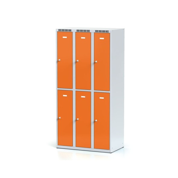 Kovová šatní skříňka s úložnými boxy, 6 boxů, oranžové dveře, cylindrický zámek