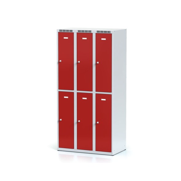 Kovová šatní skříňka s úložnými boxy, 6 boxů, červené dveře, cylindrický zámek
