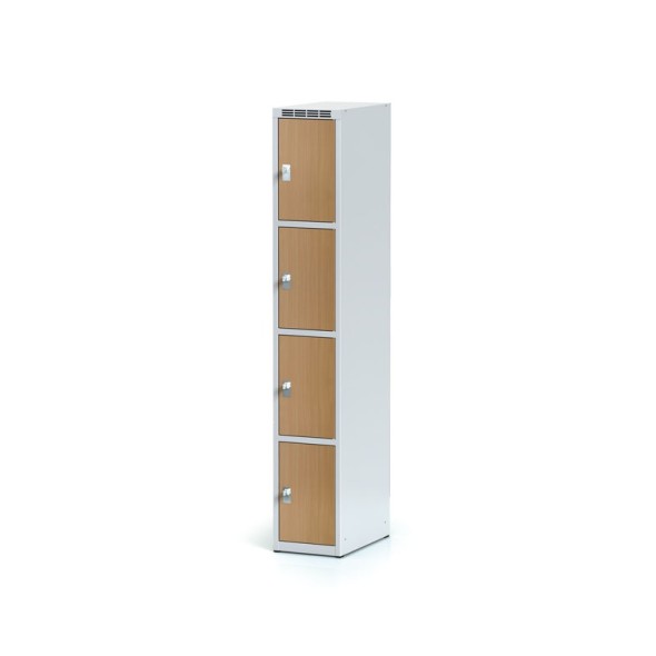 Šatní skříňka s úložnými boxy, 4 boxy 300 mm, laminované dveře buk, cylindrický zámek