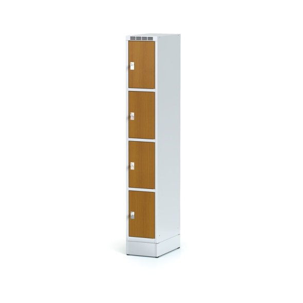 Šatní skříňka na soklu s úložnými boxy, 4 boxy 300 mm, laminované dveře třešeň, otočný zámek