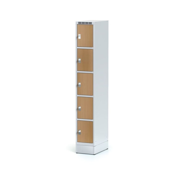 Šatní skříňka na soklu s úložnými boxy, 5 boxů 300 mm, laminované dveře buk, otočný zámek