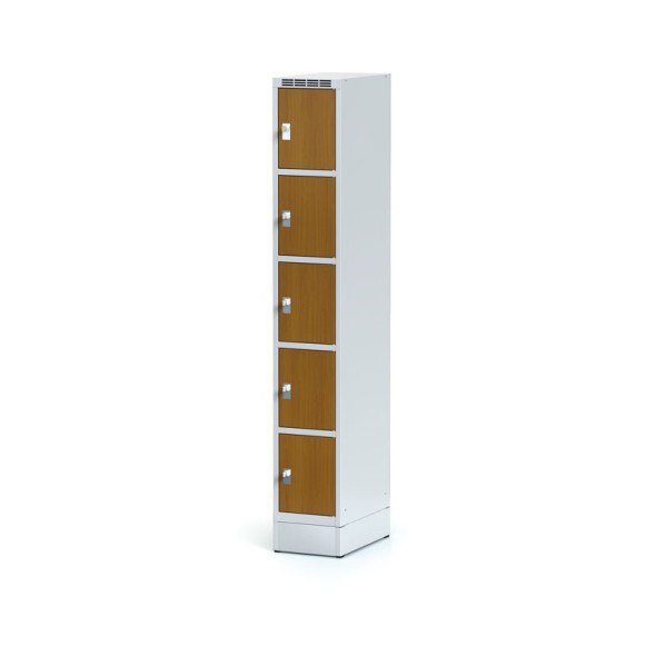 Šatní skříňka na soklu s úložnými boxy, 5 boxů 300 mm, laminované dveře třešeň, otočný zámek