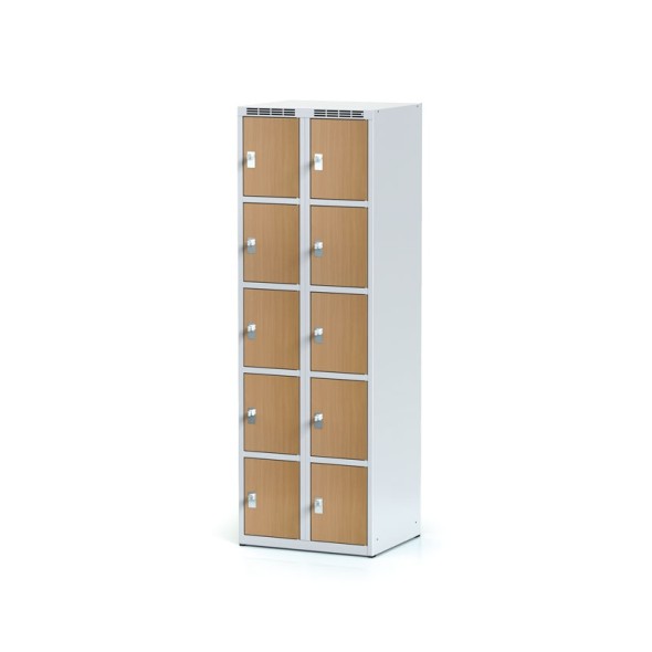 Šatní skříňka s úložnými boxy, 10 boxů 300 mm, laminované dveře buk, otočný zámek