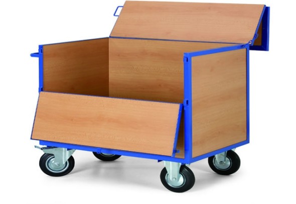 Skříňový vozík s dřevěnými stěnami a uzavíratelným víkem