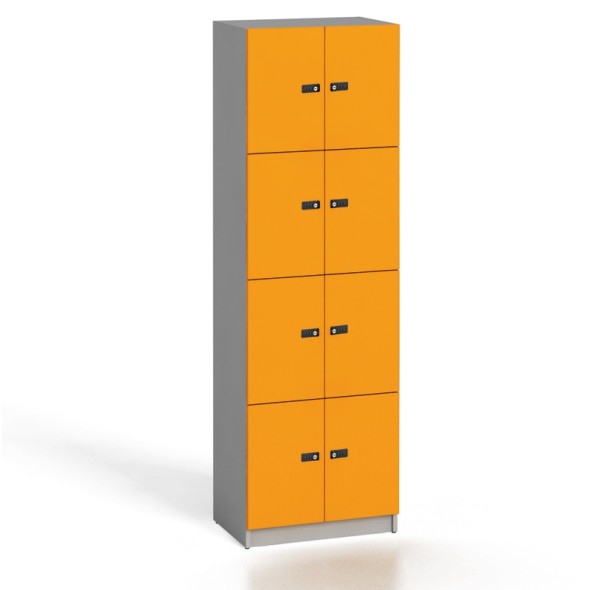 Dřevěná šatní skříňka s boxy, 8 boxů, kódový zámek, oranžová