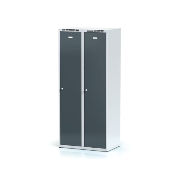 Školní kovová šatní skříňka, 2-dveřová, 1500 mm, tmavě šedé dveře, cylindrický zámek