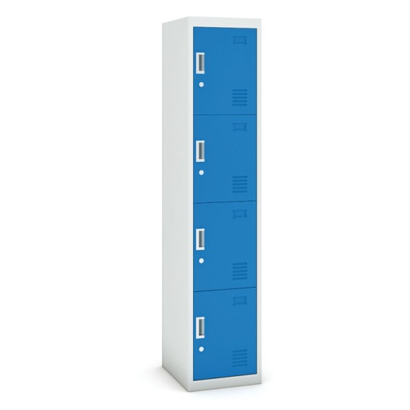 Šatní skříňka s úložnými boxy, čtyřdveřová, cylindrický zámek, 1800 x 380 x 450 mm, šedá/modrá