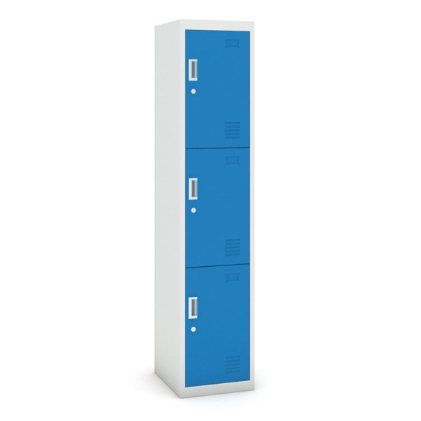 Skříňka trojdveřová, cylindrický zámek, 1800 x 380 x 450 mm, šedá/modrá