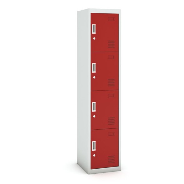 Šatní skříňka s úložnými boxy, čtyřdveřová, cylindrický zámek, 1800 x 380 x 450 mm, šedá/červená