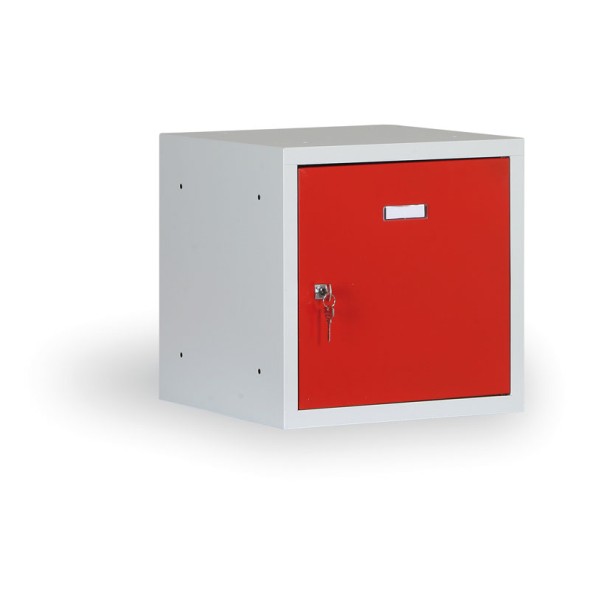 Šatní skříňka s uzamykatelným boxem 400x400x400 mm, červené dveře, cylindrický zámek, 3+1 ZDARMA