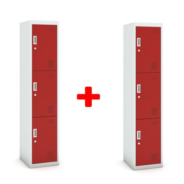 Šatní skříňka trojdveřová, cylindrický zámek, 1800 x 380 x 450 mm, šedá/červená, 1+1 ZDARMA