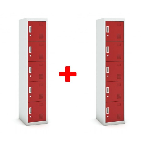 Pětidveřová skříňka, cylindrický zámek, 1800 x 380 x 450 mm, šedá/červená, 1+1 ZDARMA