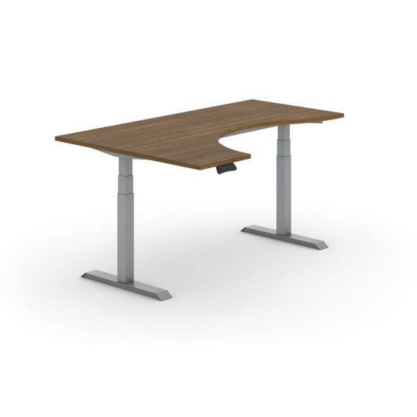 Výškově nastavitelný stůl PRIMO ADAPT, elektrický, 1800x1200x625-1275 mm, ergonomický levý, ořech, šedá podnož