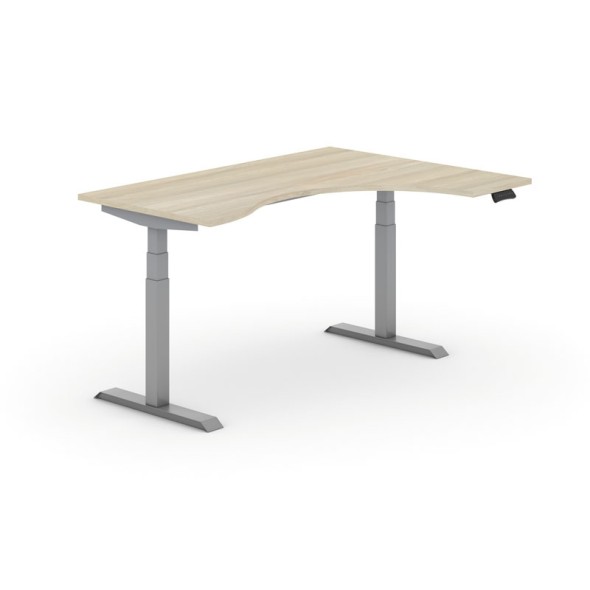 Výškově nastavitelný stůl PRIMO ADAPT, elektrický, 1600x1200x625-1275 mm, ergonomický pravý, dub, šedá podnož