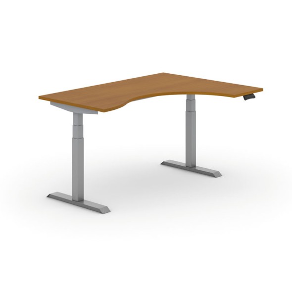 Výškově nastavitelný stůl PRIMO ADAPT, elektrický, 1600x1200x625-1275 mm, ergonomický pravý, třešeň, šedá podnož