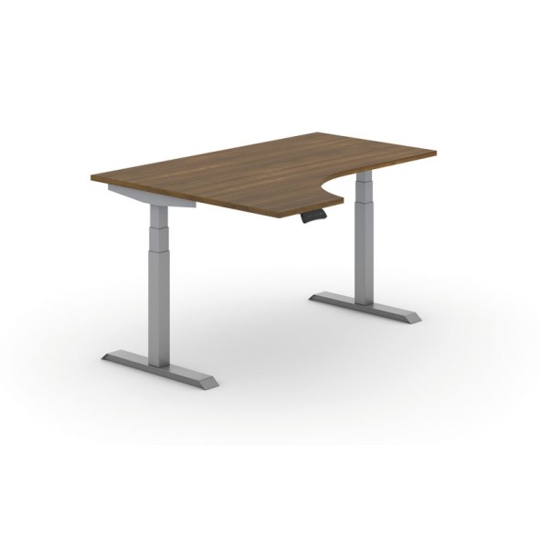 Výškově nastavitelný stůl PRIMO ADAPT, elektrický, 1600x1200X625-1275 mm, ergonomický levý, ořech, šedá podnož