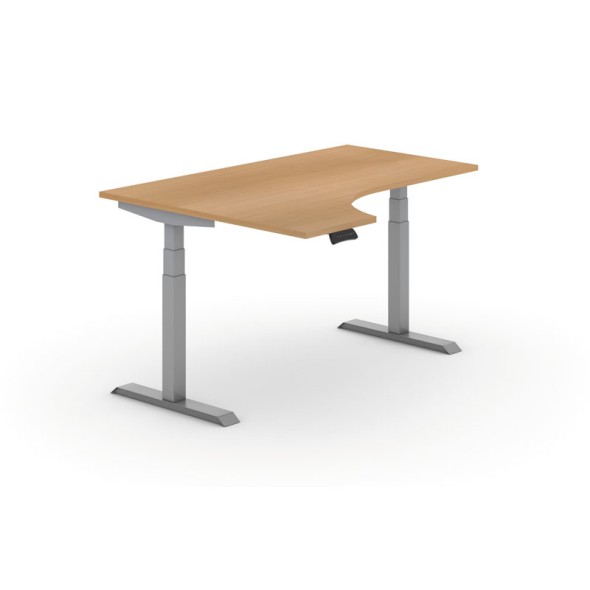 Výškově nastavitelný stůl PRIMO ADAPT, elektrický, 1600x1200X625-1275 mm, ergonomický levý, buk, šedá podnož