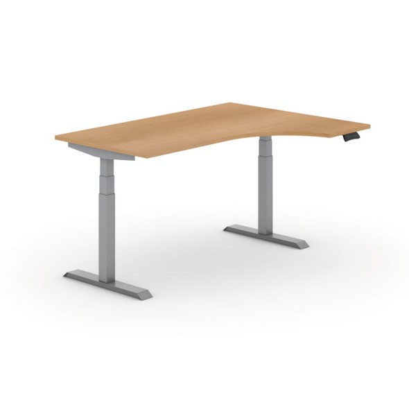 Výškově nastavitelný stůl PRIMO ADAPT, elektrický, 1600x1200x625-1275 mm, ergonomický pravý, buk, šedá podnož