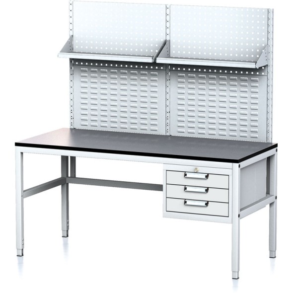 Nastavitelný dílenský stůl MECHANIC II s perfopanelem a policemi, 3 zásuvkový box na nářadí, 1600x700x745-985 mm, šedá/šedá