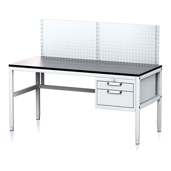 Nastavitelný dílenský stůl MECHANIC II s perfopanelem, 2 zásuvkový box na nářadí, 1600x700x745-985 mm, šedá/šedá