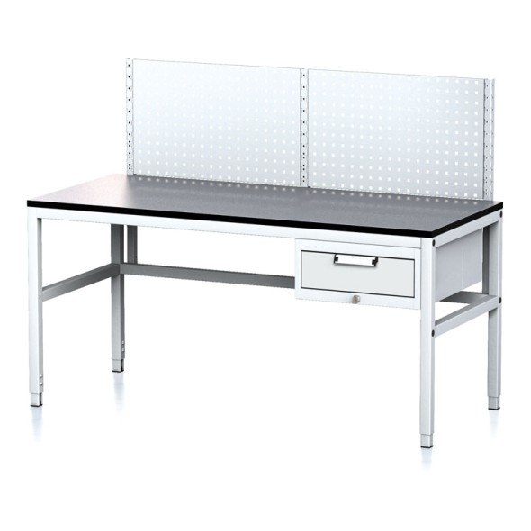 Nastavitelný dílenský stůl MECHANIC II s perfopanelem, 1 zásuvkový box na nářadí, 1600x700x745-985 mm, šedá/šedá