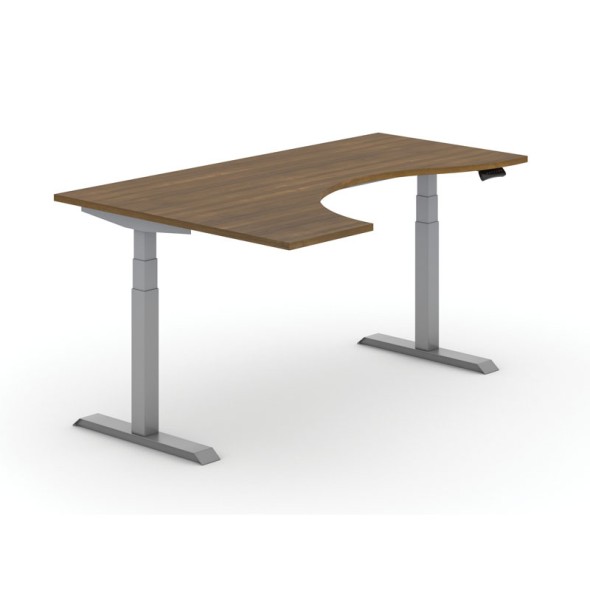 Výškově nastavitelný stůl PRIMO ADAPT, elektrický, 1600x1200x625-1275 mm, ergonomický levý, ořech, šedá podnož