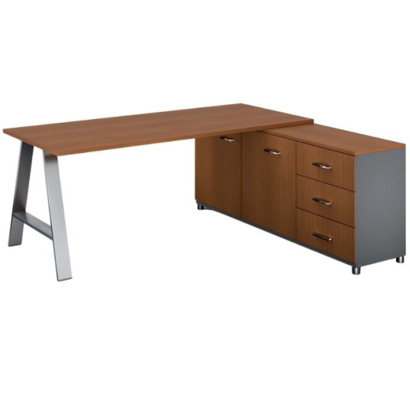 Rohový kancelářský psací stůl PRIMO STUDIO, skříňka vpravo, 1800 x 800 mm, šedá / třešeň