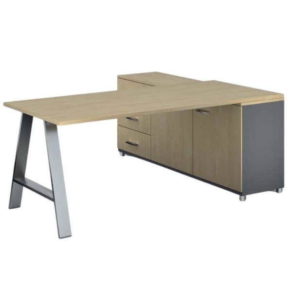 Rohový kancelářský psací stůl PRIMO STUDIO, skříňka vlevo, 1800 x 800 mm, šedá / bříza