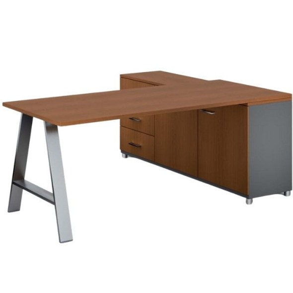 Rohový kancelářský psací stůl PRIMO STUDIO, skříňka vlevo, 1800 x 800 mm, šedá / třešeň