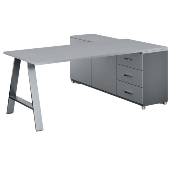 Rohový kancelářský psací stůl PRIMO STUDIO, skříňka vlevo, 1800 x 800 mm, šedá