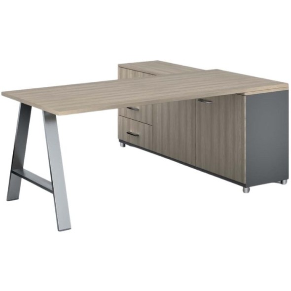 Rohový kancelářský psací stůl PRIMO STUDIO, skříňka vlevo, 1800 x 800 mm, šedá / dub přírodní