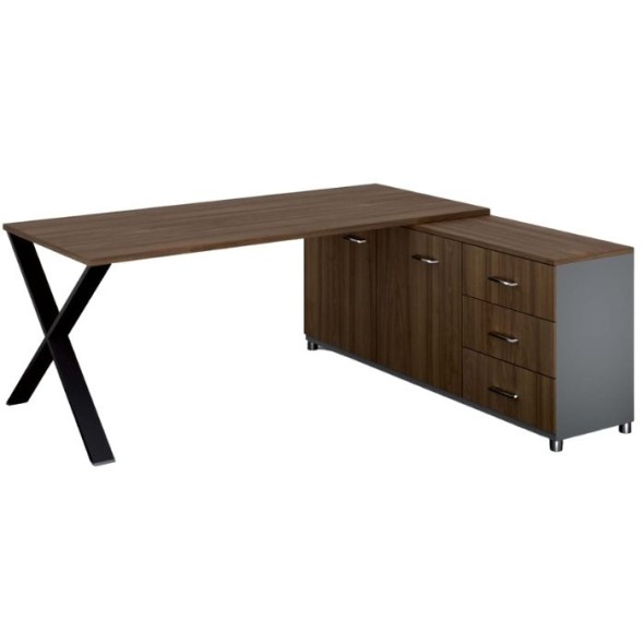 Rohový kancelářský psací stůl PRIMO PROTEST, skříňka vpravo, 1800 x 800 mm, šedá / ořech