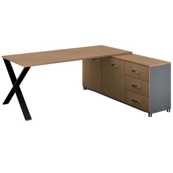 Rohový kancelářský psací stůl PRIMO PROTEST, skříňka vpravo, 1800 x 800 mm, šedá / buk